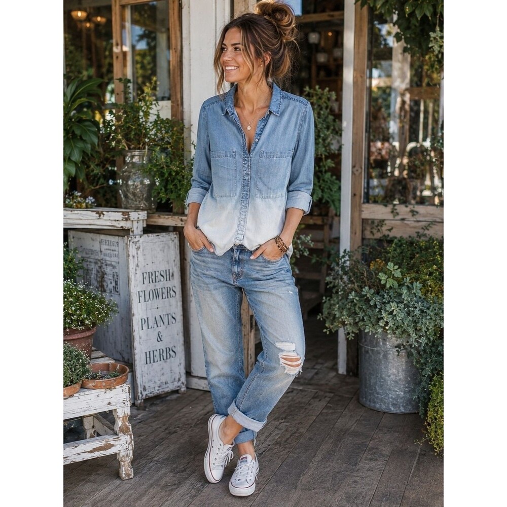 Anthropologie HOLDING HORSES Light Blue Ombre Boyfriend Denim Top